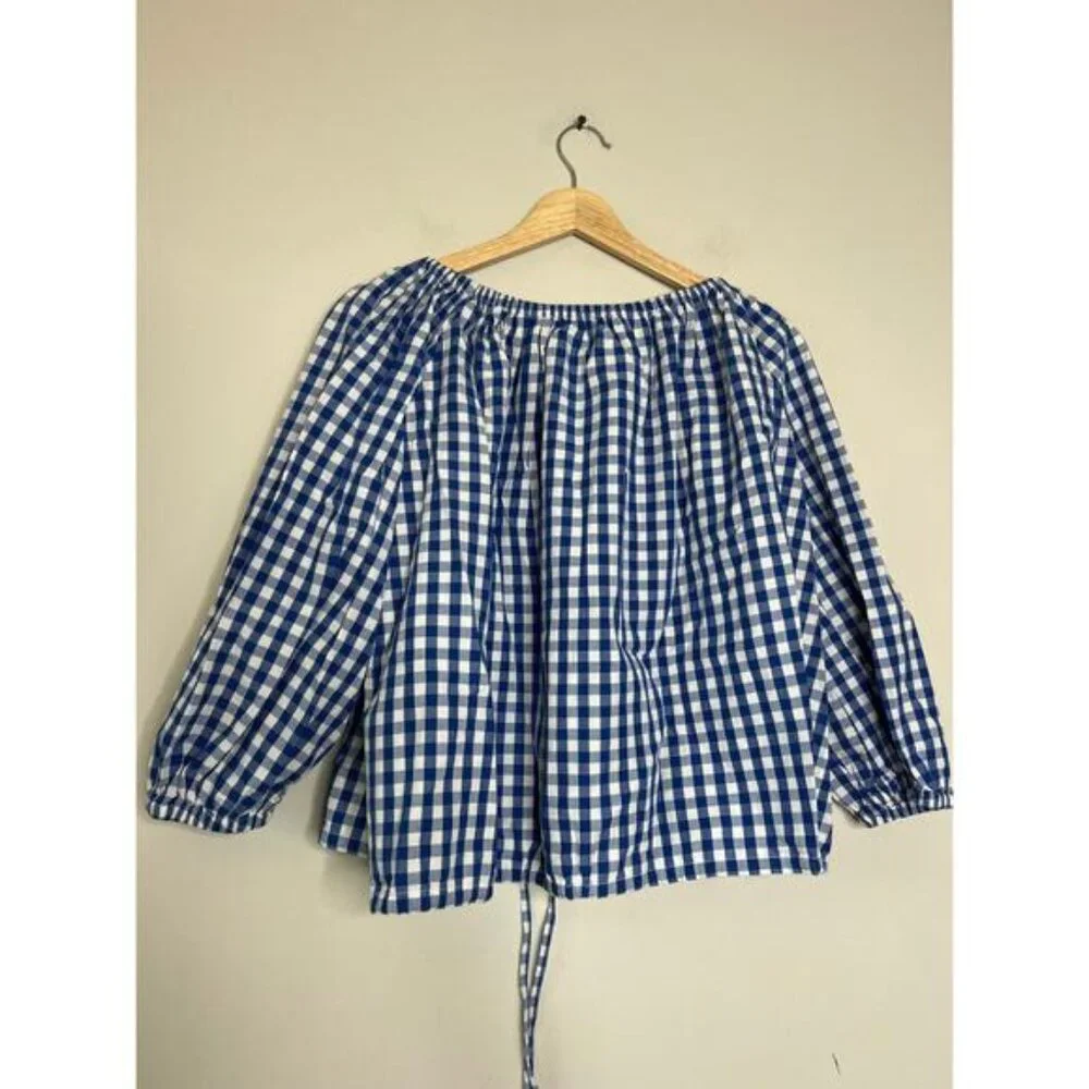 NEW Rhode Luciana Puff Sleeves Self Tie Gingham Plaid Blouse Top Blue Size: S